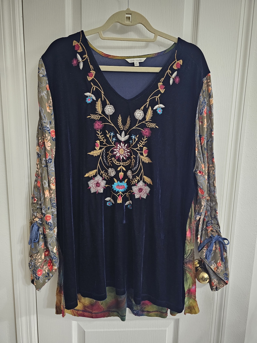 John Mark Navy Velvet Tunic with Multicolor Floral Embroidery